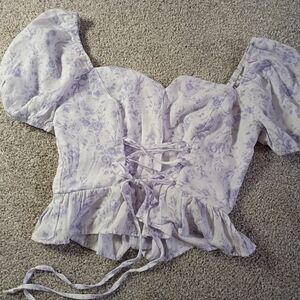 Miami Sz M Light Purple Floral Print Puff Sleeve Corset Tie Bodice W/Ruffle